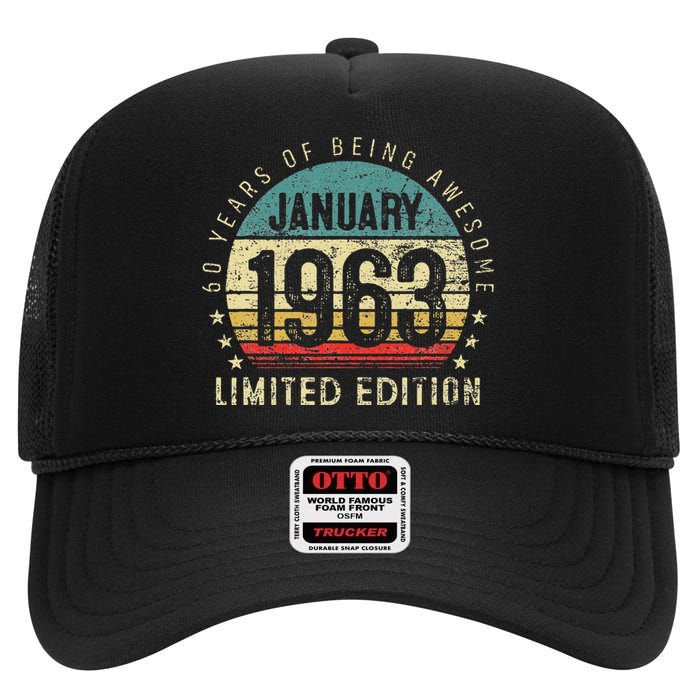 60 Years Old Gifts Vintage January 1963 60th Birthday Gift High Crown Mesh Back Trucker Hat