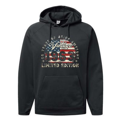 60 Year Old Gifts Vintage 1963 American Flag 60th Birthday Performance Fleece Hoodie