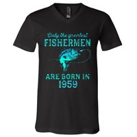 64 Years Old Fisherman Born In 1959 64th Birthday V-Neck T-Shirt