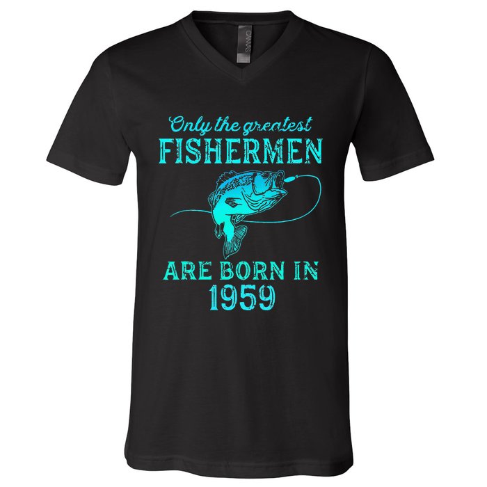 64 Years Old Fisherman Born In 1959 64th Birthday V-Neck T-Shirt