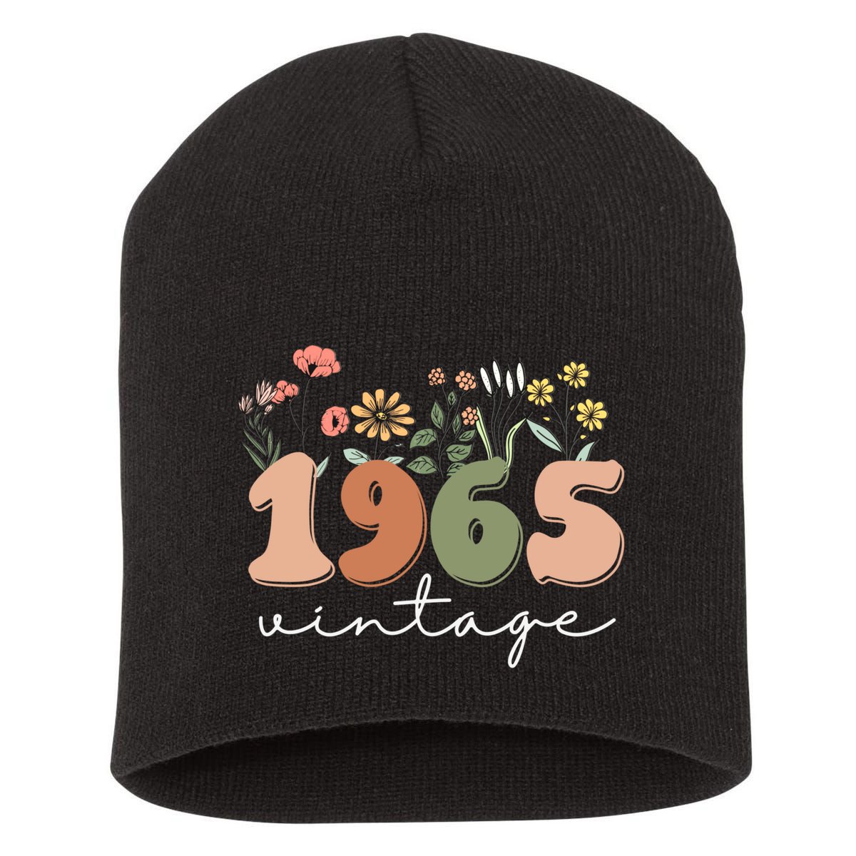 60 Years Old Vintage 1965 60th Birthday Wildflower Short Acrylic Beanie