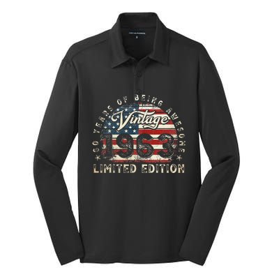 60 Year Old Gifts Vintage 1963 American Flag 60th Birthday Silk Touch Performance Long Sleeve Polo