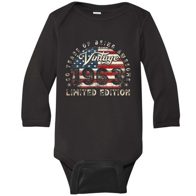 60 Year Old Gifts Vintage 1963 American Flag 60th Birthday Baby Long Sleeve Bodysuit