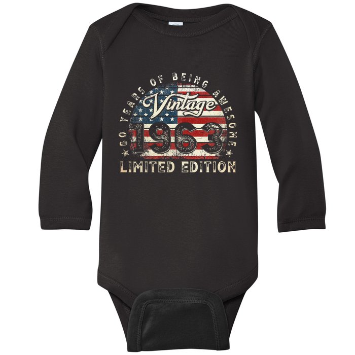 60 Year Old Gifts Vintage 1963 American Flag 60th Birthday Baby Long Sleeve Bodysuit