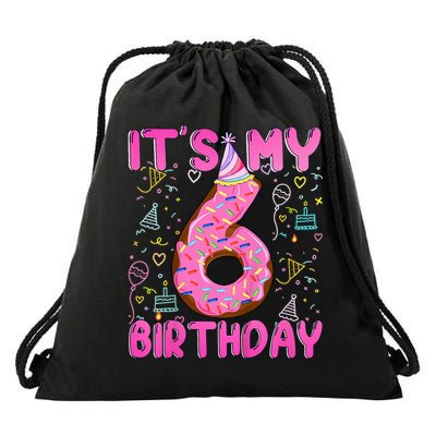 6 Years Old Girl Funny Donut Its My Sixth Birthday Drawstring Bag