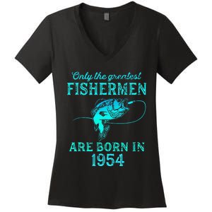 69 Years Old Fisherman Born In 1954 69th Birthday Women's V-Neck T-Shirt