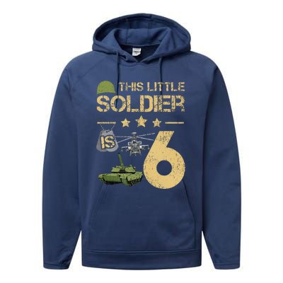 6 Year Old Soldier Birthday 6th Birthday Army Camo Performance Fleece Hoodie