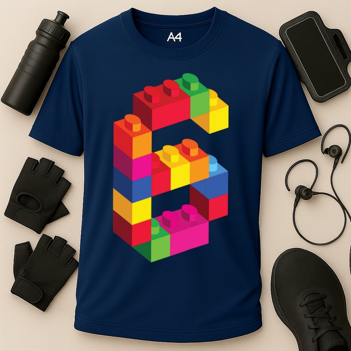 6 Year Old Building Blocks Birthday Bricks 6th Gift Cooling Performance Crew T-Shirt