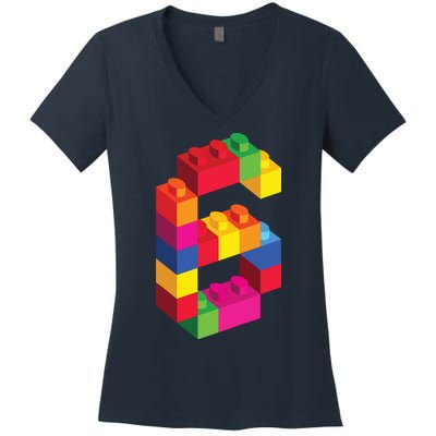 6 Year Old Building Blocks Birthday Bricks 6th Gift Women's V-Neck T-Shirt