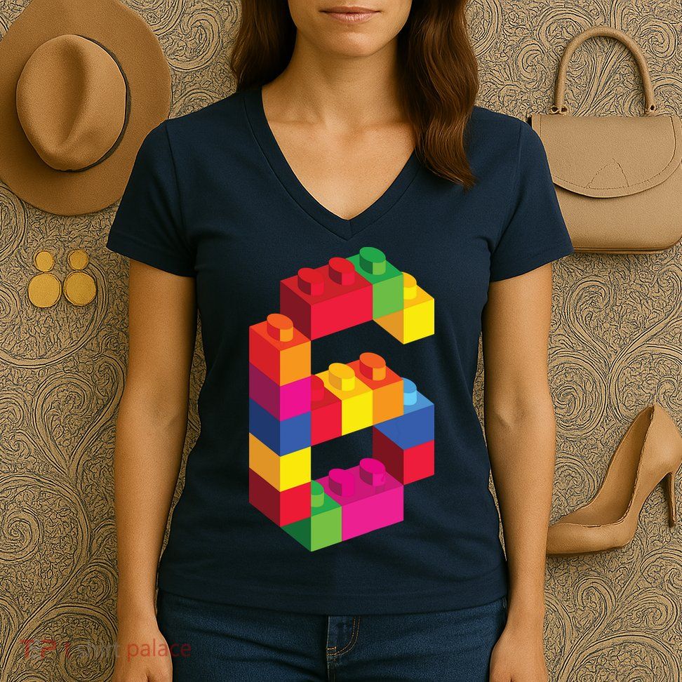 6 Year Old Building Blocks Birthday Bricks 6th Gift Women's V-Neck T-Shirt