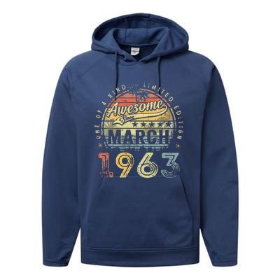 60 Year Old Awesome Since March 1963 60th Birthday Performance Fleece Hoodie