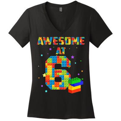 6 Years Old Birthday For 6 Building Blocks Bricks Boy Girl Women's V-Neck T-Shirt