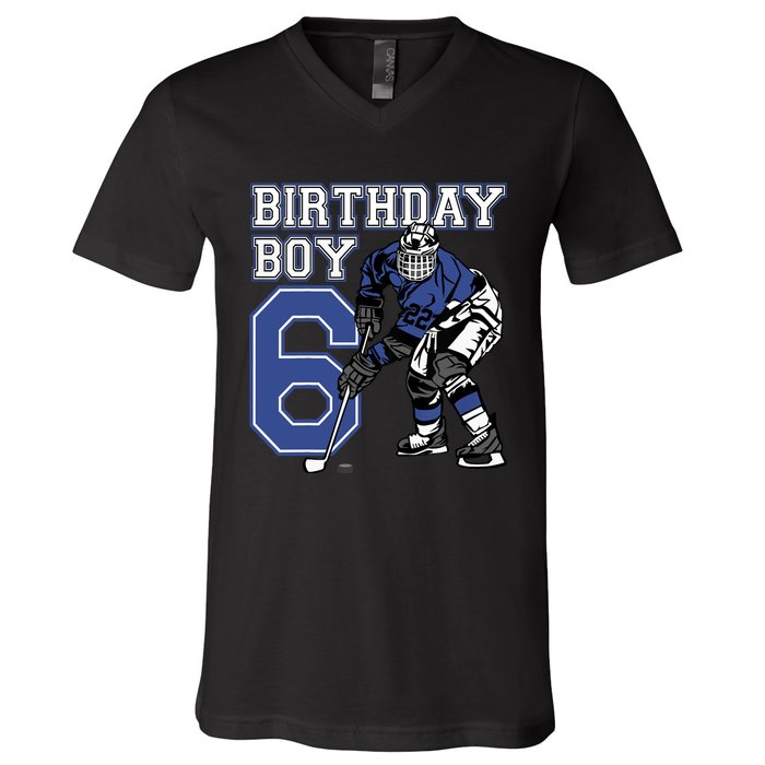  6 Year Old Ice Hockey Themed Birthday Party 6th Boy Gift V-Neck T-Shirt