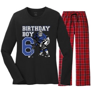  6 Year Old Ice Hockey Themed Birthday Party 6th Boy Gift Women's Long Sleeve Flannel Pajama Set 