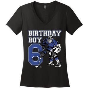  6 Year Old Ice Hockey Themed Birthday Party 6th Boy Gift Women's V-Neck T-Shirt