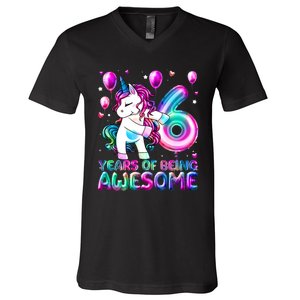 6 Years Of Being Awesome 6th Birthday Unicorn Party V-Neck T-Shirt