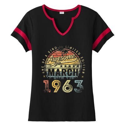 60 Year Old Awesome Since March 1963 60th Birthday Ladies Halftime Notch Neck Tee