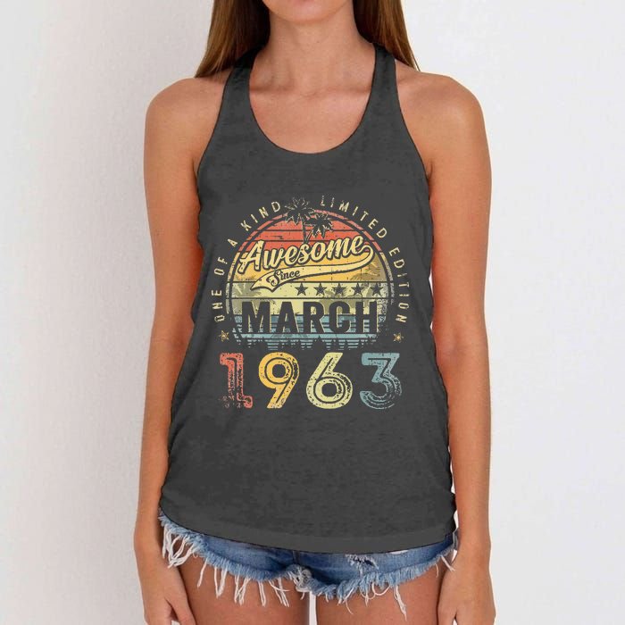 60 Year Old Awesome Since March 1963 60th Birthday Women's Knotted Racerback Tank