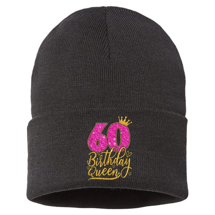 60 Year Old Gifts 60th Birthday Queen Diamond Crown Pink Sustainable Knit Beanie