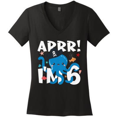 6 Years Old Birthday Cute Octopus Pirate 6th Bday Gift Women's V-Neck T-Shirt