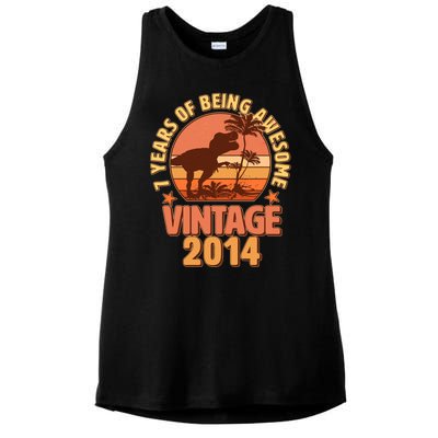 7 Years of Being Awesome Vintage 2014 Birthday T-Rex Ladies PosiCharge Tri-Blend Wicking Tank