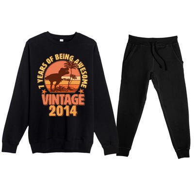 7 Years of Being Awesome Vintage 2014 Birthday T-Rex Premium Crewneck Sweatsuit Set