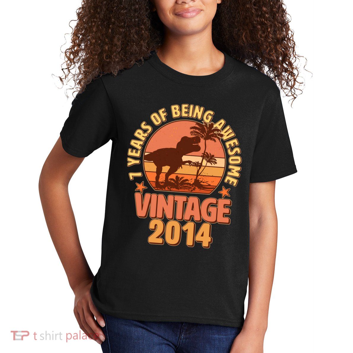 7 Years of Being Awesome Vintage 2014 Birthday T-Rex Kids T-Shirt