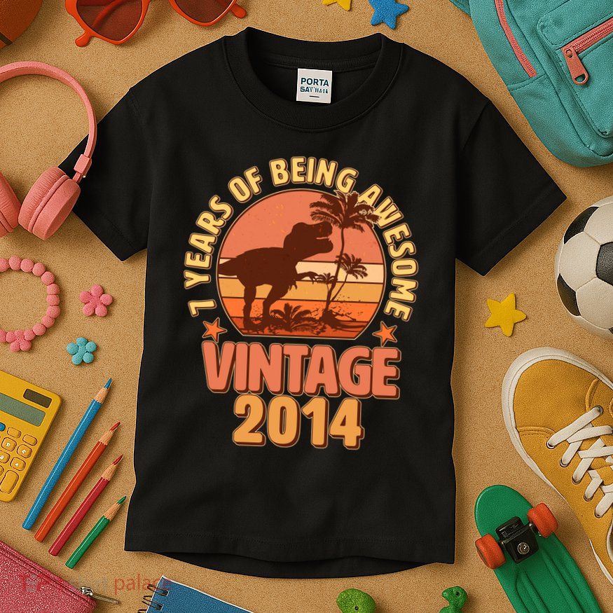 7 Years of Being Awesome Vintage 2014 Birthday T-Rex Kids T-Shirt