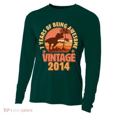 7 Years of Being Awesome Vintage 2014 Birthday T-Rex Cooling Performance Long Sleeve Crew