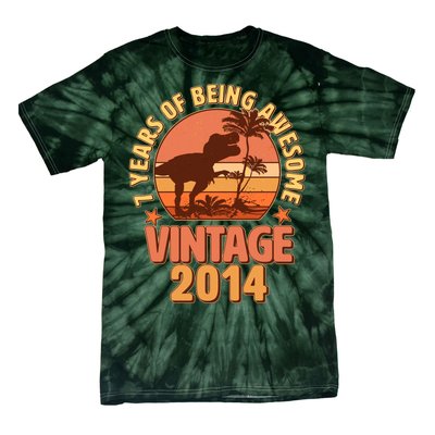 7 Years of Being Awesome Vintage 2014 Birthday T-Rex Tie-Dye T-Shirt