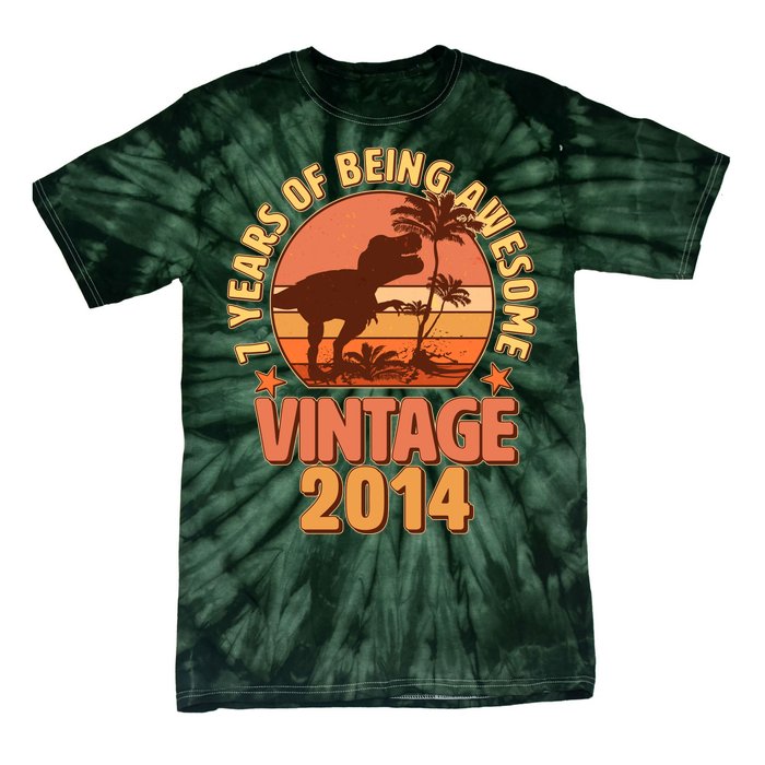 7 Years of Being Awesome Vintage 2014 Birthday T-Rex Tie-Dye T-Shirt