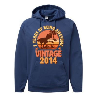 7 Years of Being Awesome Vintage 2014 Birthday T-Rex Performance Fleece Hoodie