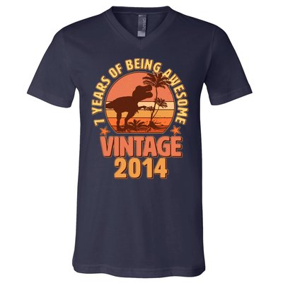 7 Years of Being Awesome Vintage 2014 Birthday T-Rex V-Neck T-Shirt