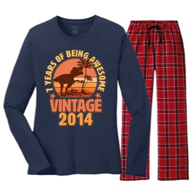 7 Years of Being Awesome Vintage 2014 Birthday T-Rex Women's Long Sleeve Flannel Pajama Set 