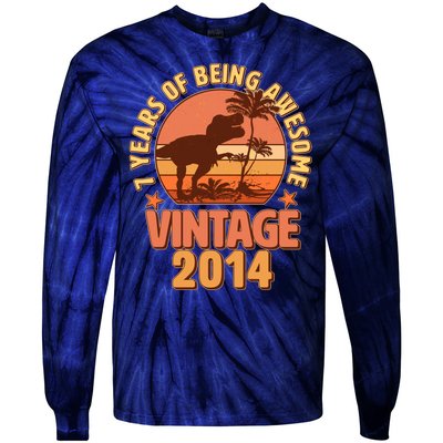 7 Years of Being Awesome Vintage 2014 Birthday T-Rex Tie-Dye Long Sleeve Shirt