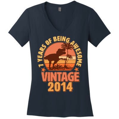 7 Years of Being Awesome Vintage 2014 Birthday T-Rex Women's V-Neck T-Shirt