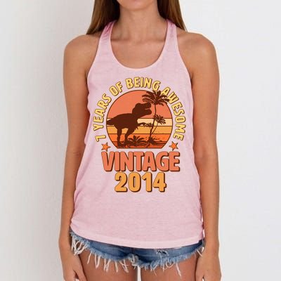 7 Years of Being Awesome Vintage 2014 Birthday T-Rex Women's Knotted Racerback Tank