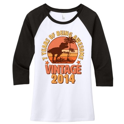 7 Years of Being Awesome Vintage 2014 Birthday T-Rex Women's Tri-Blend 3/4-Sleeve Raglan Shirt