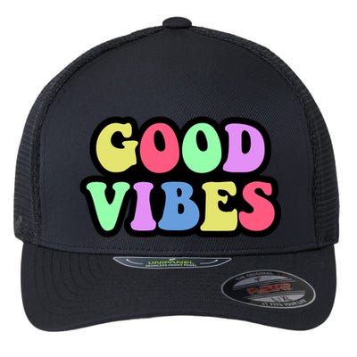 70s Retro Groovy Hippie Good Vibes Bold Flexfit Unipanel Trucker Cap