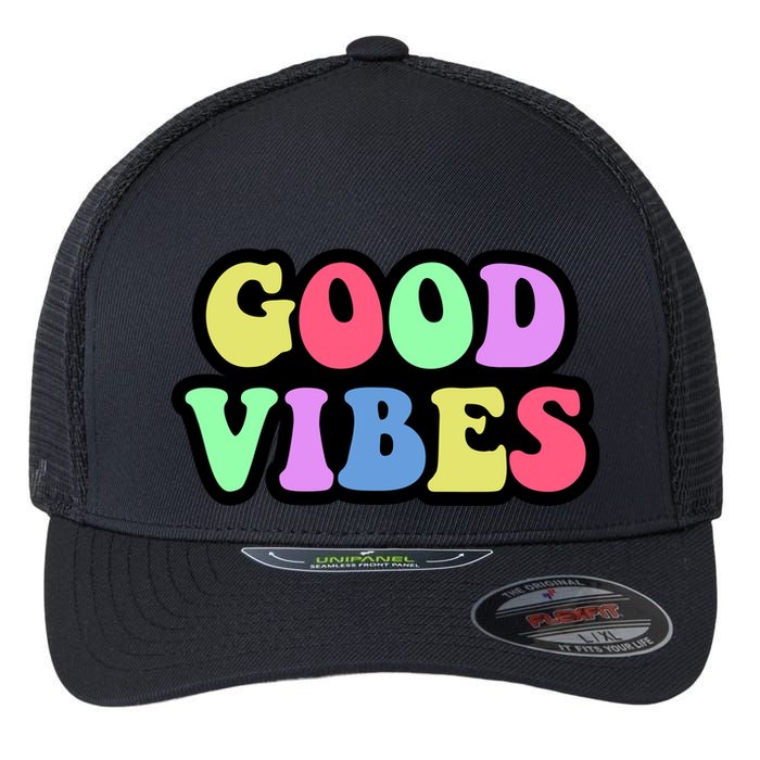 70s Retro Groovy Hippie Good Vibes Bold Flexfit Unipanel Trucker Cap