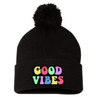 70s Retro Groovy Hippie Good Vibes Bold Pom Pom 12in Knit Beanie