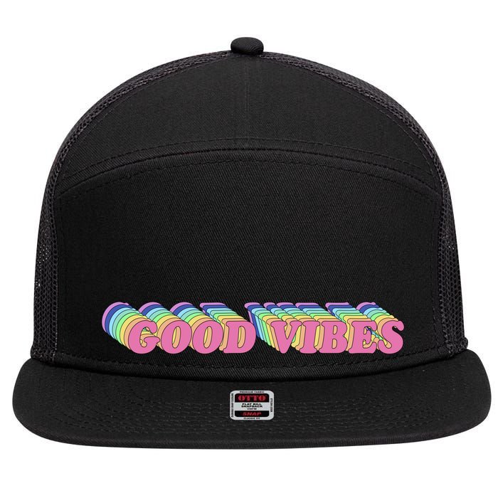 70s Retro Groovy Hippie Good Vibes Repeat 7 Panel Mesh Trucker Snapback Hat