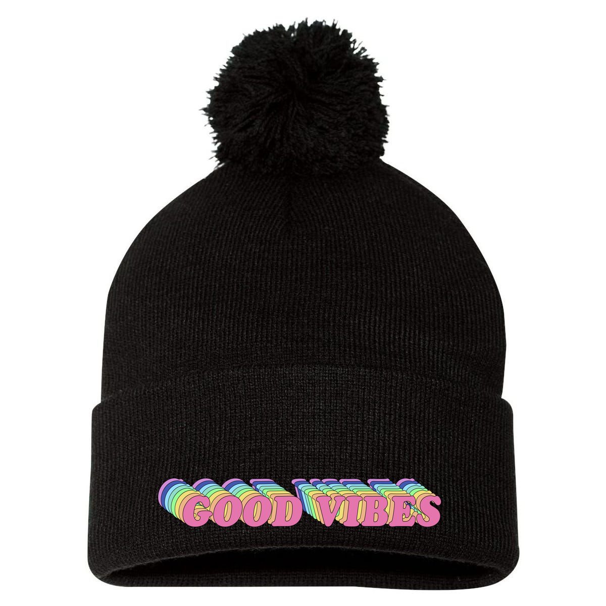 70s Retro Groovy Hippie Good Vibes Repeat Pom Pom 12in Knit Beanie
