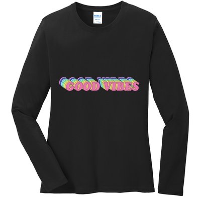 70s Retro Groovy Hippie Good Vibes Repeat Ladies Long Sleeve Shirt