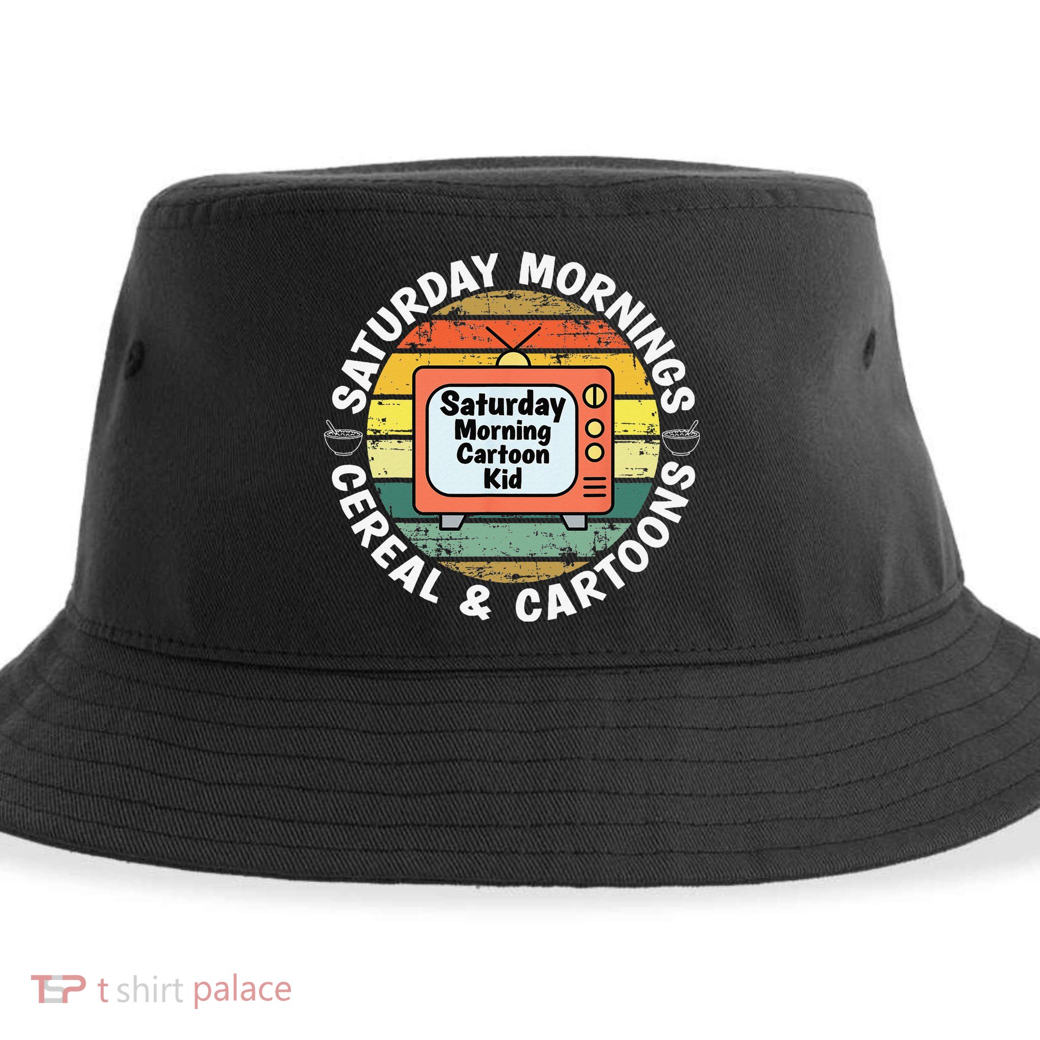70s 80s 90s Retro Saturday Mornings Cereal And Cartoons Sustainable Bucket Hat