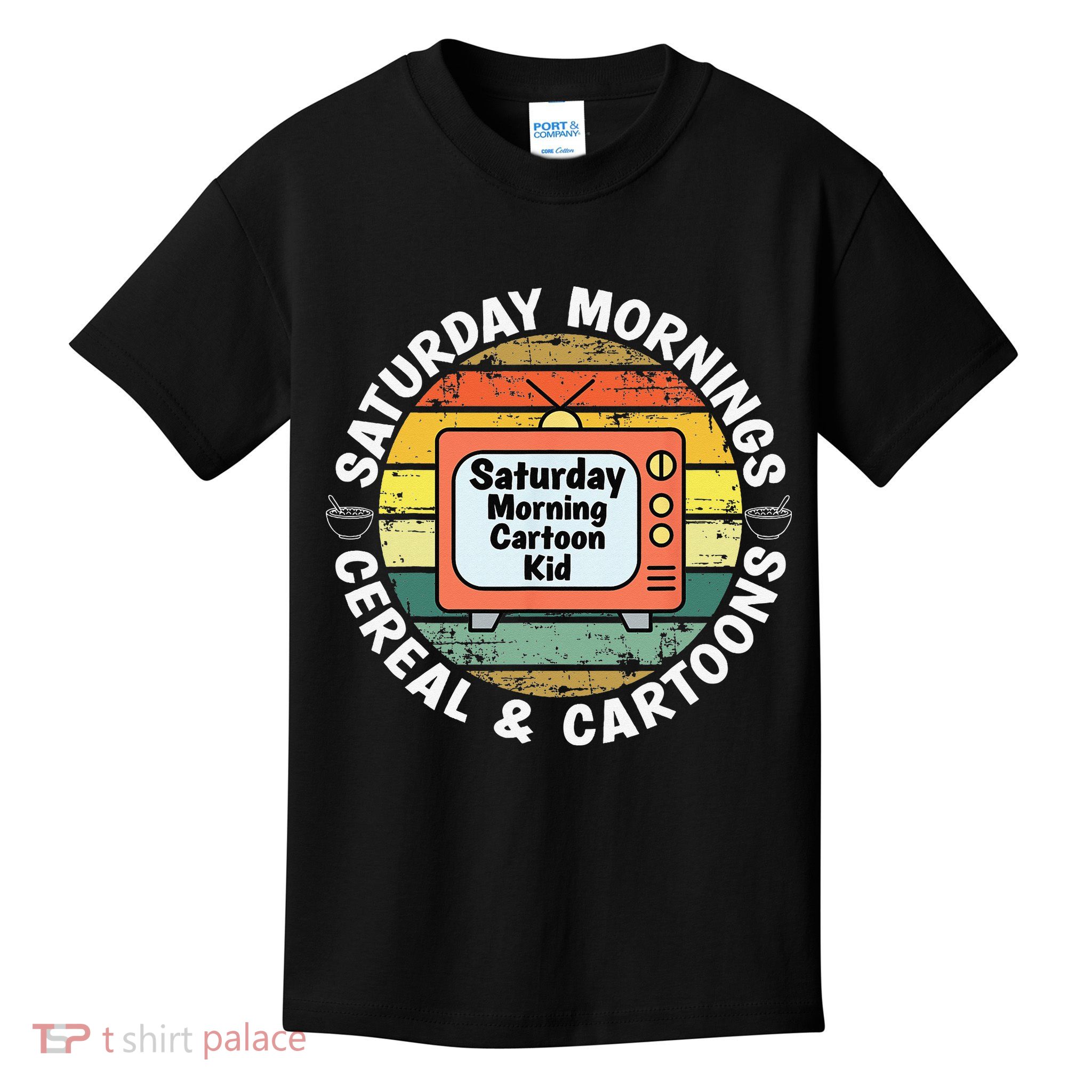 70s 80s 90s Retro Saturday Mornings Cereal And Cartoons Kids T-Shirt