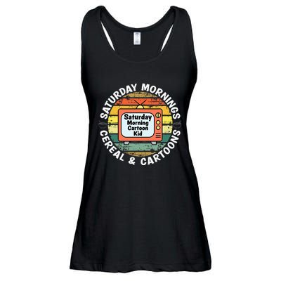 70s 80s 90s Retro Saturday Mornings Cereal And Cartoons Ladies Essential Flowy Tank