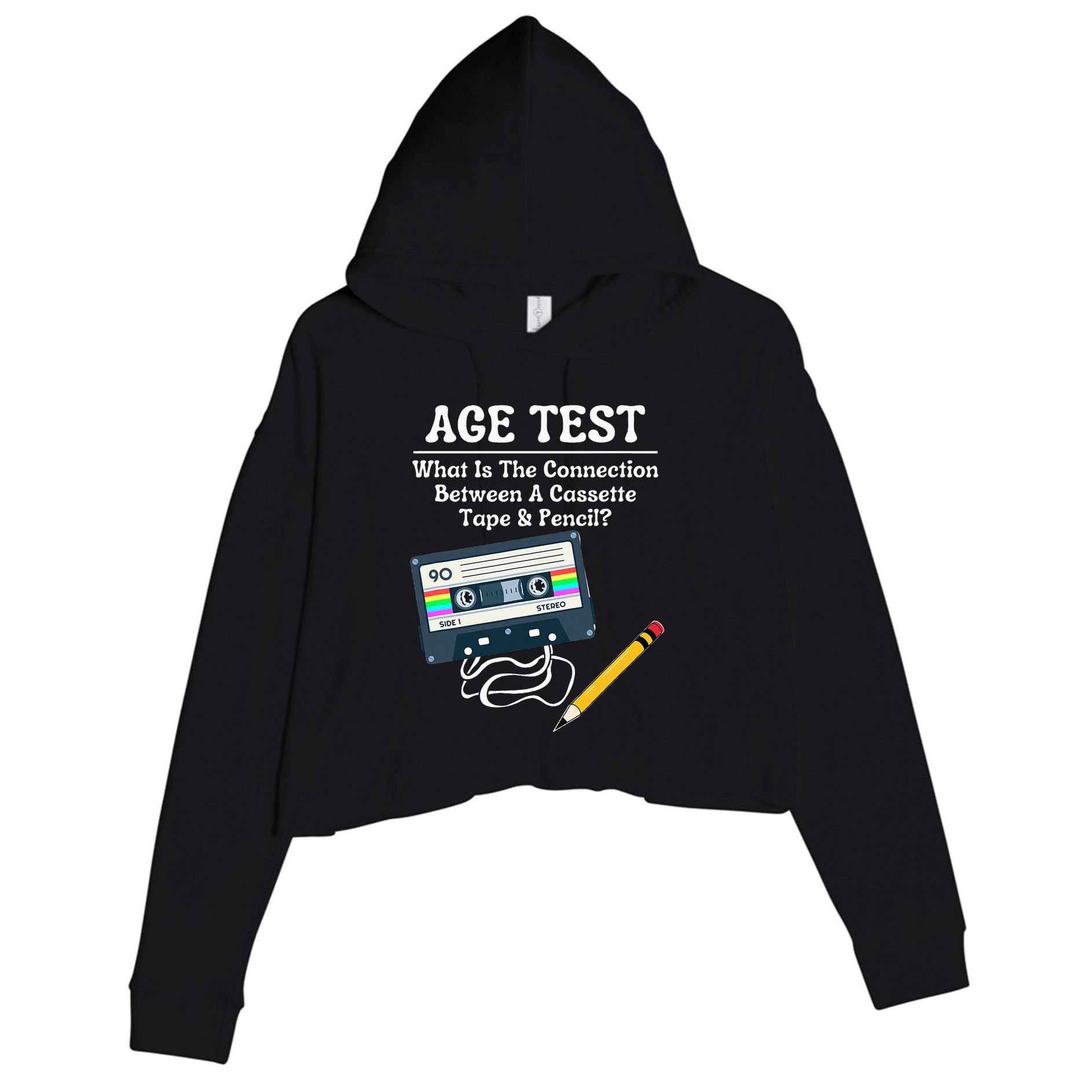 70S 80S 90S Vintage Cassette Tape & Pencil Funny Age Test Crop Fleece Hoodie