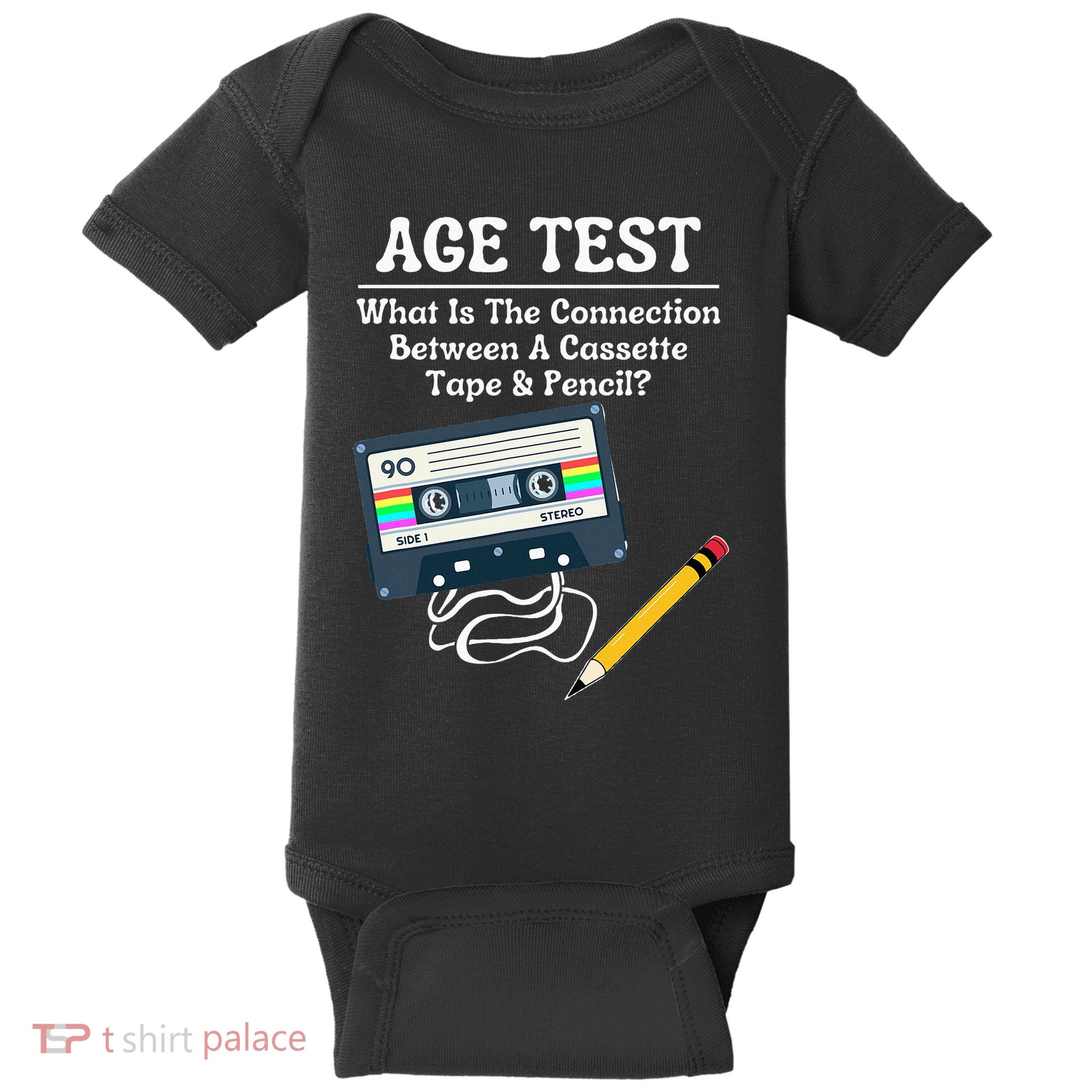 70S 80S 90S Vintage Cassette Tape & Pencil Funny Age Test Baby Bodysuit