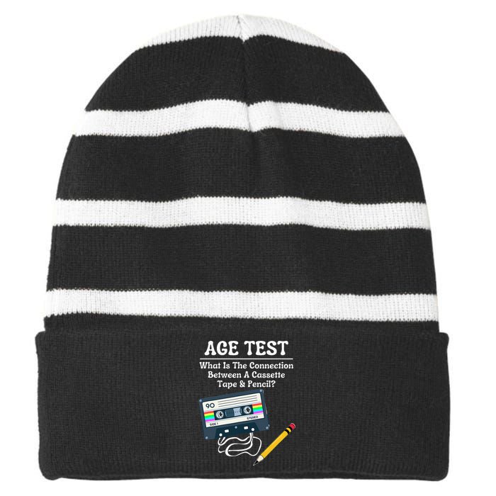 70S 80S 90S Vintage Cassette Tape & Pencil Funny Age Test Striped Beanie with Solid Band